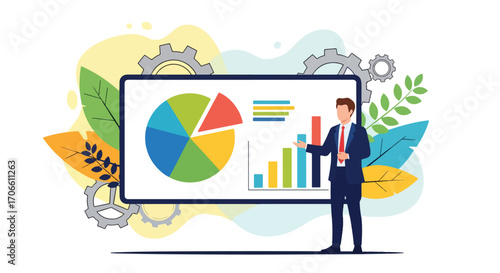 Flat illustration of a businessman presenting charts and graphs on a digital screen, explaining data analysis, financial growth, and strategy for corporate success and business decision-making