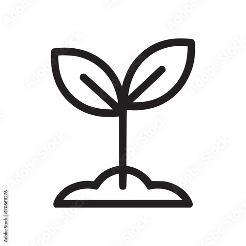 Illustration of a small plant growing from the soil, the plant has two leaves and is drawn in a simple, minimalist style, perfect for representing growth, nature, or sustainability