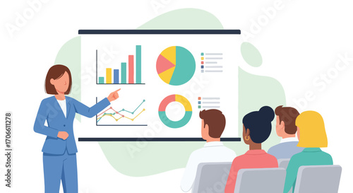 Flat illustration of a businesswoman giving a training presentation with charts and graphs to an audience, focusing on strategy, growth, financial analysis, teamwork, and corporate education