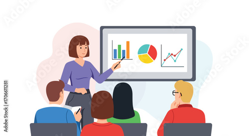 Flat illustration of a businesswoman giving a training presentation with charts and graphs to an audience, focusing on strategy, growth, financial analysis, teamwork, and corporate education