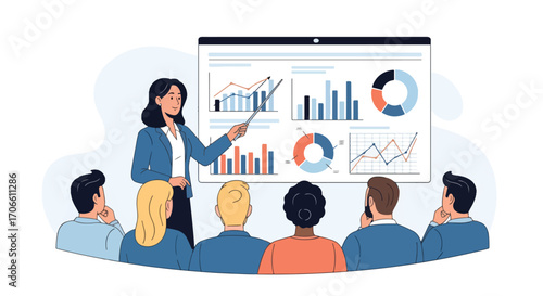 Flat illustration of a businesswoman giving a training presentation with charts and graphs to an audience, focusing on strategy, growth, financial analysis, teamwork, and corporate education