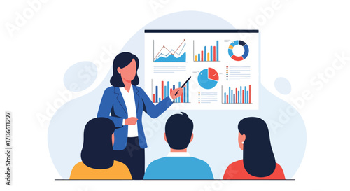 Flat illustration of a businesswoman giving a training presentation with charts and graphs to an audience, focusing on strategy, growth, financial analysis, teamwork, and corporate education