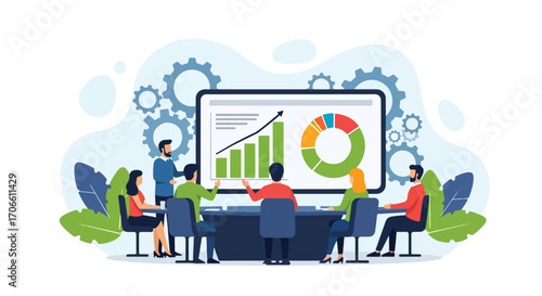 Flat vector illustration of a business team meeting analyzing charts and graphs on a big screen, discussing strategy, growth, performance, and financial data for decision-making and success