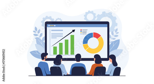 Flat vector illustration of a business team meeting analyzing charts and graphs on a big screen, discussing strategy, growth, performance, and financial data for decision-making and success