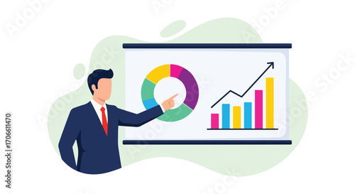Flat vector illustration of a businessman presenting market analysis with pie chart and growth line graph, showing financial performance, business strategy, and data-driven insights