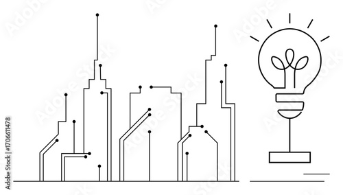 Abstract city buildings connected with technological lines, glowing lightbulb with sprouting plant. Ideal for sustainability, innovation, environment, energy, technology, urban planning, renewable