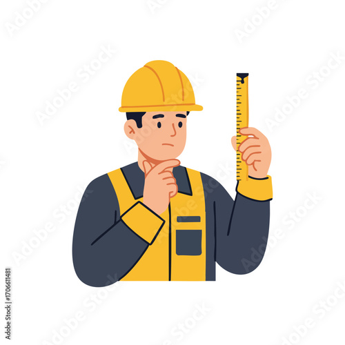 A thoughtful construction worker wearing a yellow hard hat carefully considers measurements with a ruler, planning the next phase of an important building project.