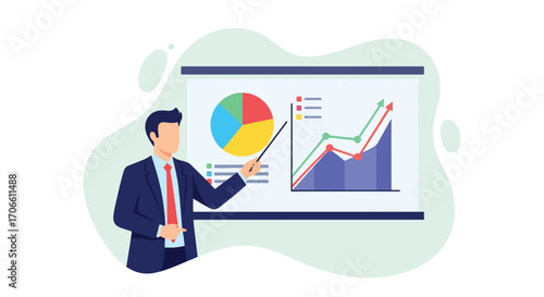 Flat vector illustration of a businessman presenting market analysis with pie chart and growth line graph, showing financial performance, business strategy, and data-driven insights