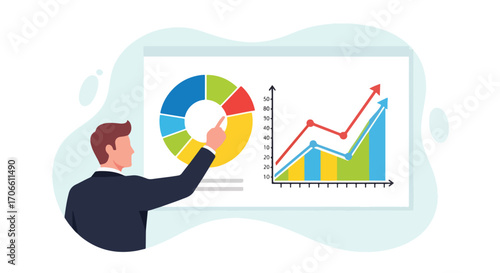 Flat vector illustration of a businessman presenting market analysis with pie chart and growth line graph, showing financial performance, business strategy, and data-driven insights