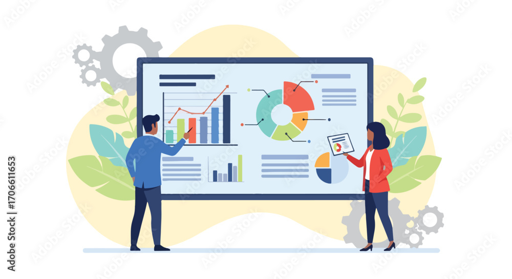 Fototapeta premium Flat style vector illustration of business team analyzing charts and graphs on a large screen, discussing data, financial reports, marketing strategies, and corporate growth planning