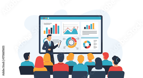 Flat style vector illustration of a businessman giving a presentation with charts and graphs to a team, discussing financial growth, business strategy, marketing performance, and corporate planning