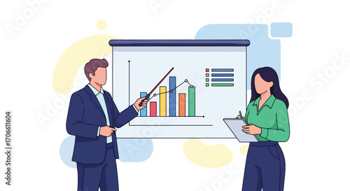 Flat style vector illustration of business professionals presenting bar and line charts, discussing financial data, strategy, and planning for corporate growth, teamwork, and success