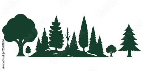 A variant style of tree silhouette vector set. Forest tree icon flat black color illustration. Isolated on a white background.
