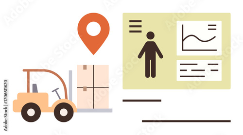 Forklift moving boxes near location pin and profile dashboard with graphs, lines, and text. Ideal for logistics, warehouse, supply chain, inventory, data analysis, delivery efficiency concept
