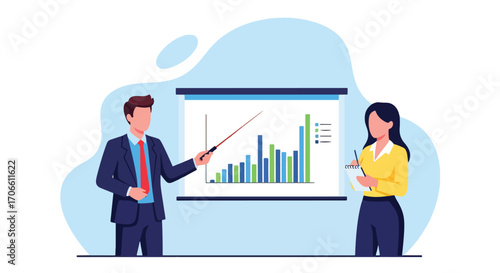 Flat style vector illustration of business professionals presenting bar and line charts, discussing financial data, strategy, and planning for corporate growth, teamwork, and success
