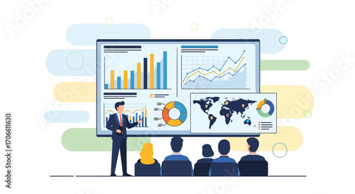 Flat style vector illustration of a businessman giving a presentation with charts and graphs to a team, discussing financial growth, business strategy, marketing performance, and corporate planning
