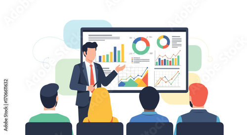 Flat style vector illustration of a businessman giving a presentation with charts and graphs to a team, discussing financial growth, business strategy, marketing performance, and corporate planning