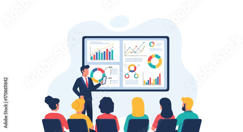 Flat style vector illustration of a businessman giving a presentation with charts and graphs to a team, discussing financial growth, business strategy, marketing performance, and corporate planning