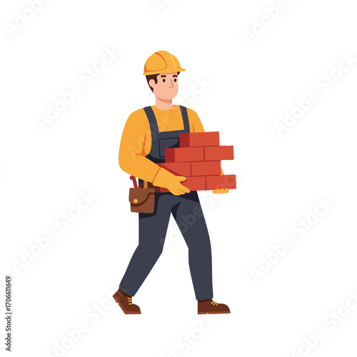 A diligent male construction worker, wearing protective gear, expertly carries a stack of red bricks, symbolizing hard work and building progress.