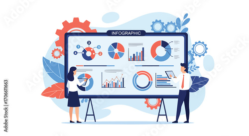 Flat style vector illustration of business team analyzing charts and graphs on a large screen, discussing data, financial reports, marketing strategies, and corporate growth planning