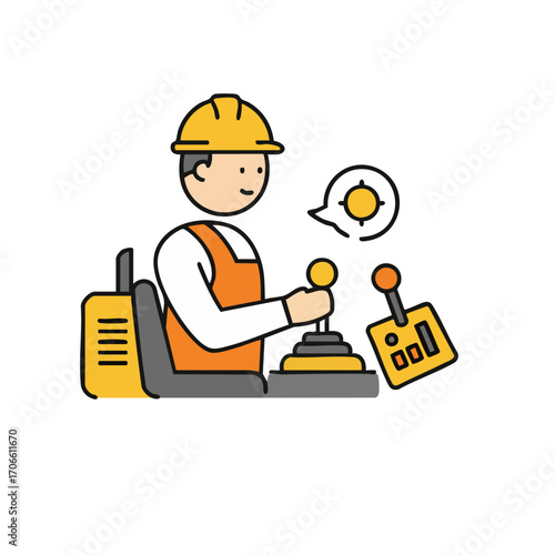 A skilled construction worker, wearing a hard hat, precisely operates heavy machinery using joysticks and controls, demonstrating focus on an industrial project.