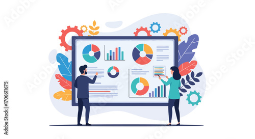 Flat style vector illustration of business team analyzing charts and graphs on a large screen, discussing data, financial reports, marketing strategies, and corporate growth planning