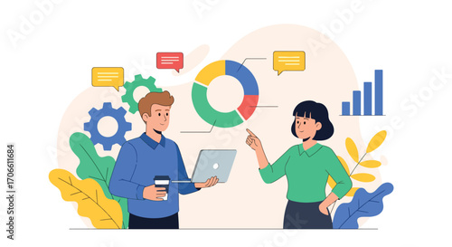 Flat style vector illustration of two persons analyzing infographic charts, sharing ideas, goals, and data for strategy, teamwork, financial growth, and corporate success