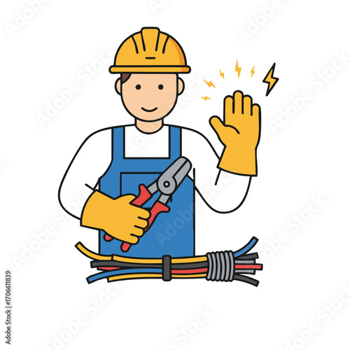 A safety-conscious electrician wearing protective gear and holding pliers demonstrates electrical work near a bundle of wires, emphasizing professional care.