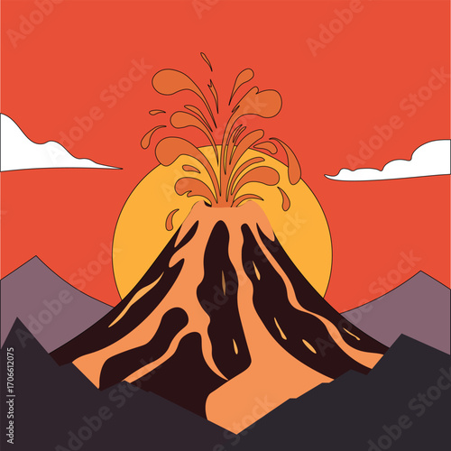 Volcano eruption drawings with lava and smoke rising dramatically in sky