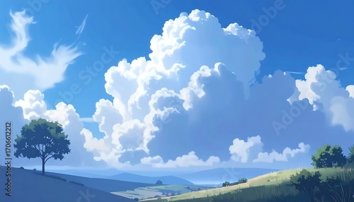 Sunny landscape with fluffy clouds