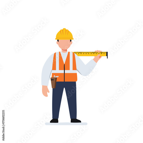 A construction worker in a hard hat and safety vest is meticulously measuring with a tape, symbolizing precision and safety on the job site.
