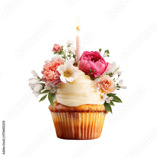 A floral cupcake with a lit candle. 
