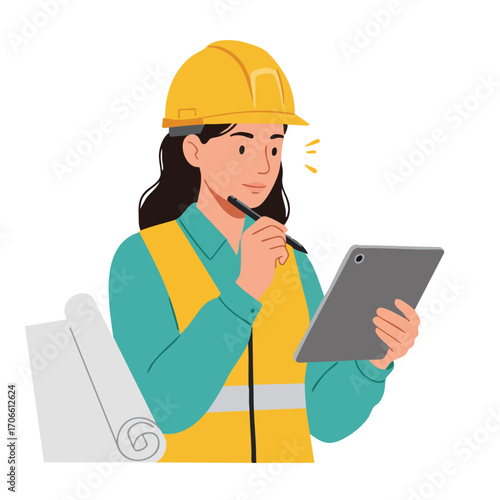 A diligent female engineer in a hard hat and safety vest thoughtfully reviews architectural plans on a digital tablet at a construction site.