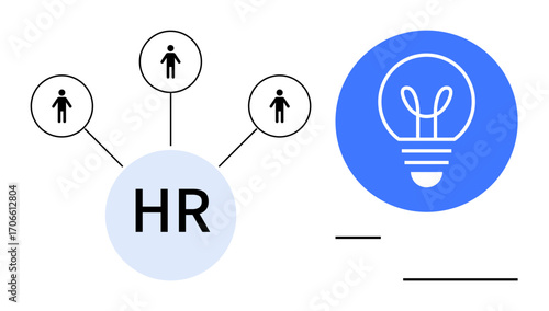HR network linking individuals represented by icons and a blue bulb symbolizing innovation. Ideal for teamwork, workflow management, human resources, creativity, collaboration, leadership, simple