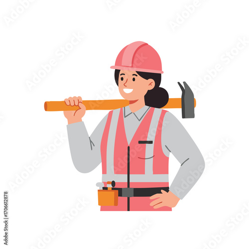A confident female construction worker, wearing a pink hard hat and safety vest, smiles while holding a hammer, symbolizing strength and skill in the trades.