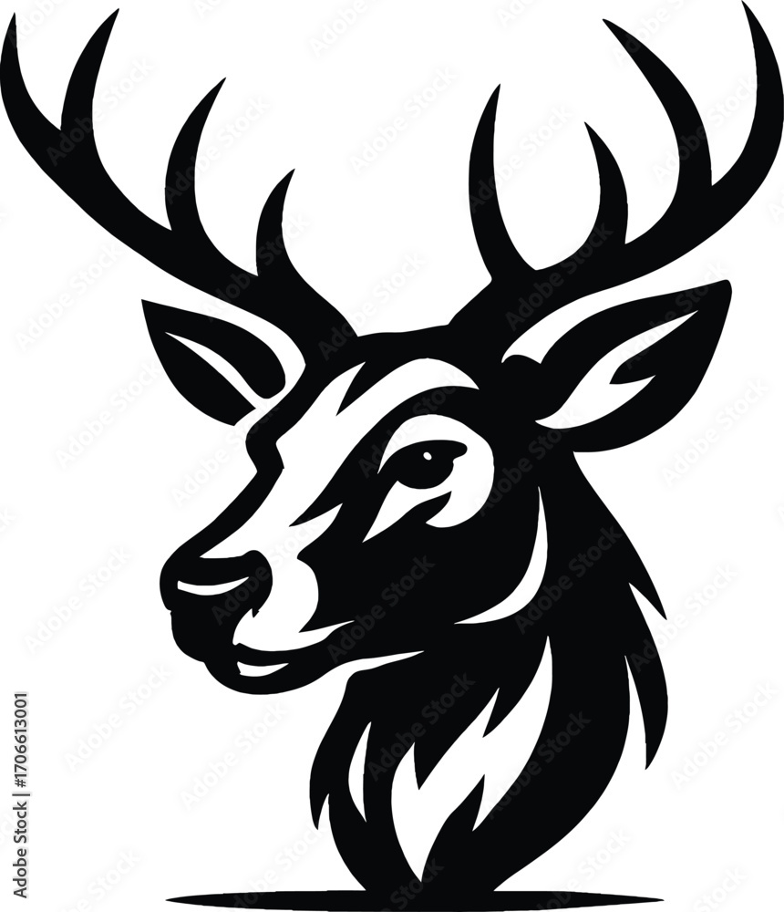 Naklejka premium A striking black deer head silhouette with detailed antlers, perfect for nature lovers, hunting fans, rustic art, outdoor themes, and wildlife-inspired designs.