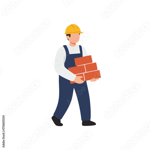 A diligent construction worker, wearing a protective yellow hard hat and blue overalls, carefully carries a stack of red bricks, symbolizing foundational labor and building progress.