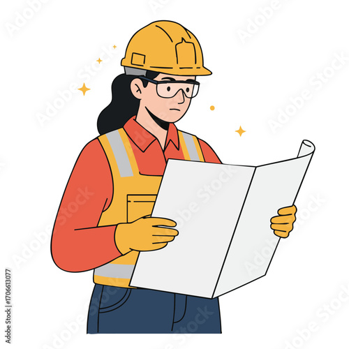 A focused female engineer, wearing a hard hat and safety vest, diligently examines blueprints, symbolizing professional expertise and effective project management.