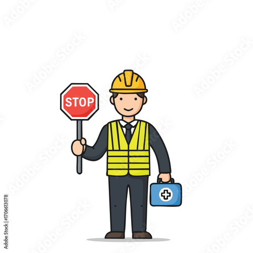 A friendly cartoon worker, wearing a hard hat and reflective vest, holds a stop sign and a first aid kit, promoting occupational safety.
