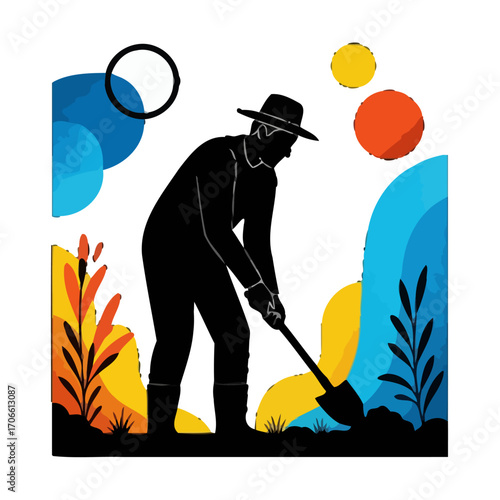 Silhouette a farmer digging in the garden