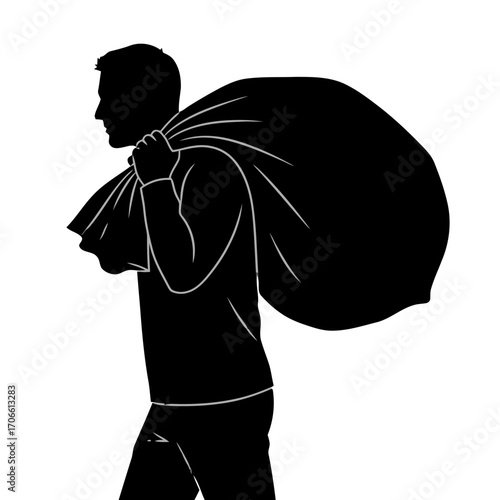 Silhouette a man carrying a large sack over his shoulder