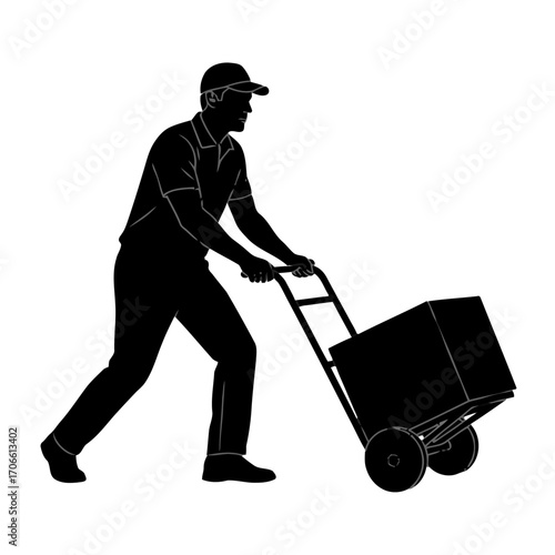 Delivery person pushing a box on a hand truck