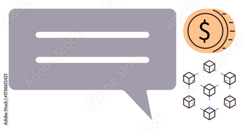 Speech bubble with text lines, coin with dollar sign symbolizing finance, and interconnected blocks for blockchain network. Ideal for cryptocurrency, communication, technology, innovation, finance