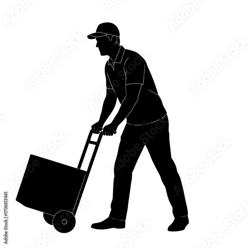 Silhouette a delivery person pushing a hand truck with a box