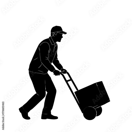 Delivery person pushing a dolly with a box