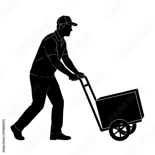 Silhouette a delivery person pushing a cart with a box
