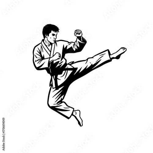 Karate fighter performing a flying side kick