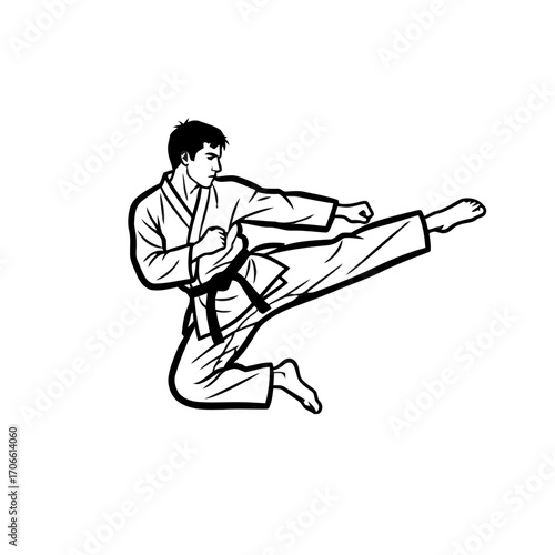 Karate martial artist performing a flying side kick