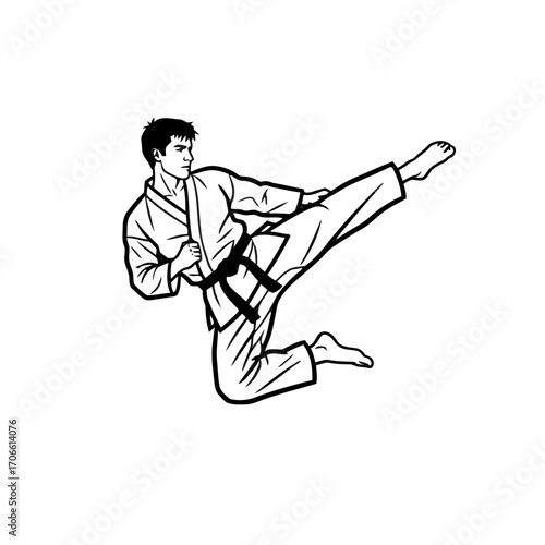 Karate man performing a flying side kick