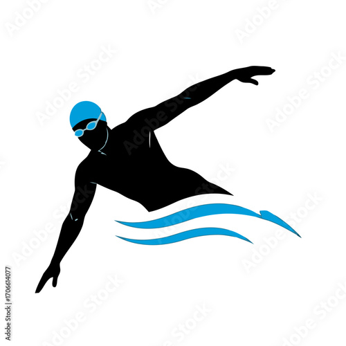 Silhouette a swimmer in blue cap and goggles